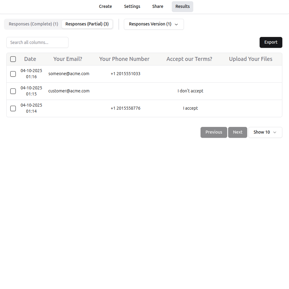 Formware, collect partial responses.